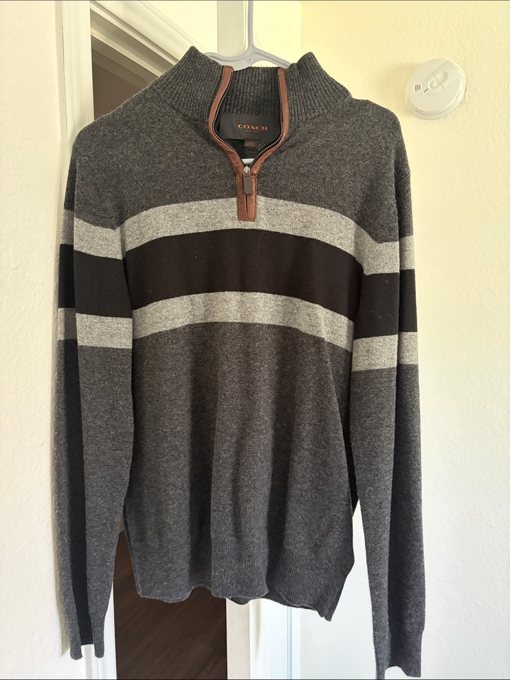 Coach Men’s Charcoal Gray Stripe Half-Zip Sweater with Brown Trim